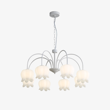 White Lily of the Valley Chandelier LB-ME-DD-9961 $169.00 【Craftsmanship and Material】Our White Lily of the Valley Chandelier features a baked paint finish, with the lamp body made of wrought iron for durability and eco-friendliness. The lampshade is made