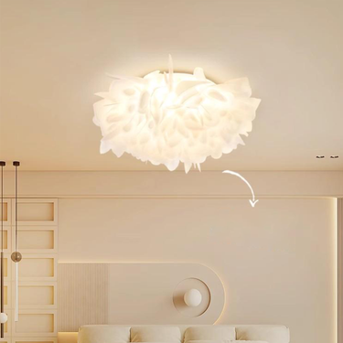 Feather Ceiling Lamp LB--NY-WS-526 $169.00 【Craftsmanship and Material】Our Feather Ceiling Lamp features a PVC lampshade that offers high light transmission with uniform and non-glaring illumination. 【Operation and Voltage】Operates with a button switch an