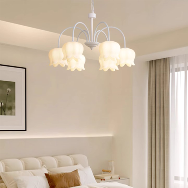 White Lily of the Valley Chandelier LB-ME-DD-9961 $169.00 【Craftsmanship and Material】Our White Lily of the Valley Chandelier features a baked paint finish, with the lamp body made of wrought iron for durability and eco-friendliness. The lampshade is made