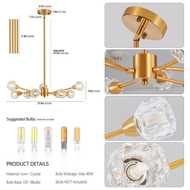 Modern Crystal Chandeliers 9 Lights Golden Chandelier - LUUGAA