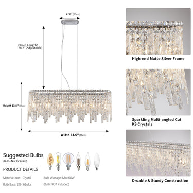 Silver Cascade Elegant Oval Crystal Chandelier - LUUGAA